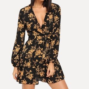 Black floral ruffle tiered faux wrap dress